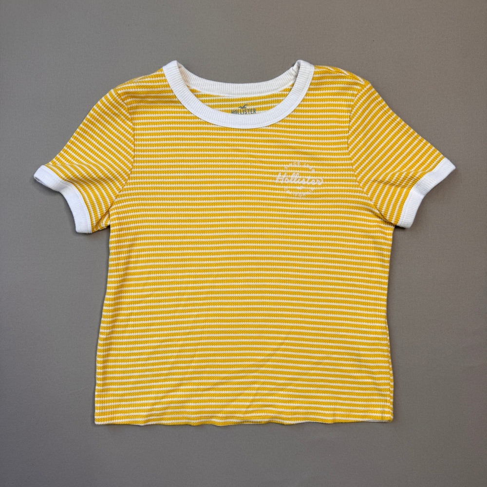 Hollister Slim Tee Yellow White Striped Waffle Knit Ringer T-Shirt Large